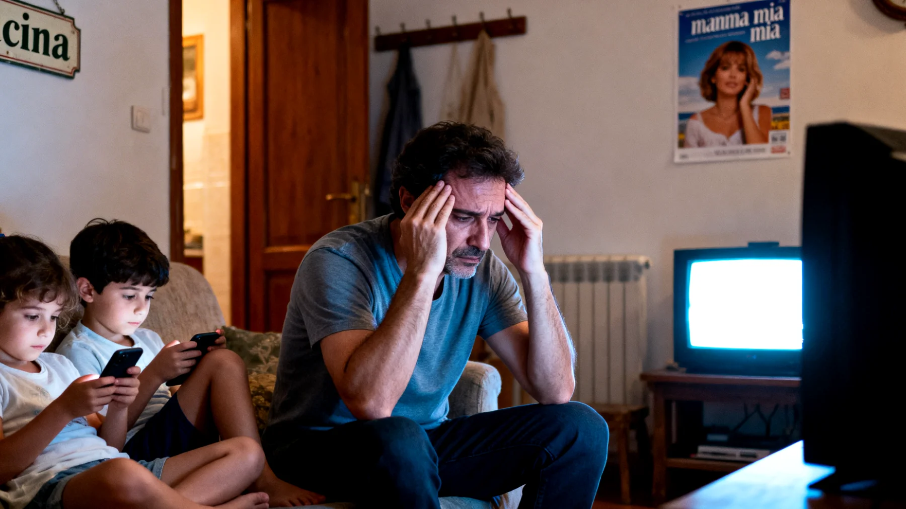 Il papà fatica a gestire l'uso eccessivo di smartphone, televisione e videogiochi da parte dei suoi bambini, trovandosi spesso in conflitto tra il voler imporre dei limiti e il timore di sembrare troppo rigido o di scatenare reazioni negative nei figli."