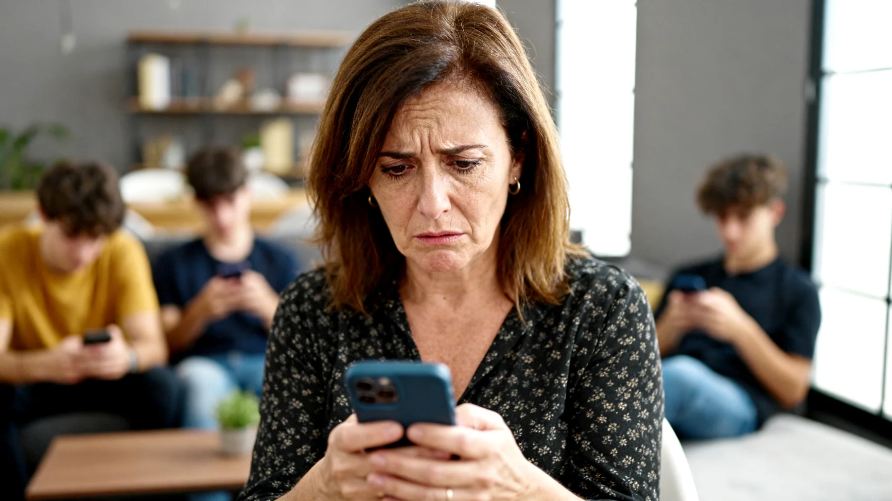 Una mamma che si sente impotente di fronte all'uso che i suoi figli giovani adulti (18-25 anni) fanno dei social media, condividendo contenuti personali inappropriati, esponendosi a rischi per la privacy o danneggiando la propria reputazione professionale futura, senza rendersi conto delle conseguenze a lungo termine"