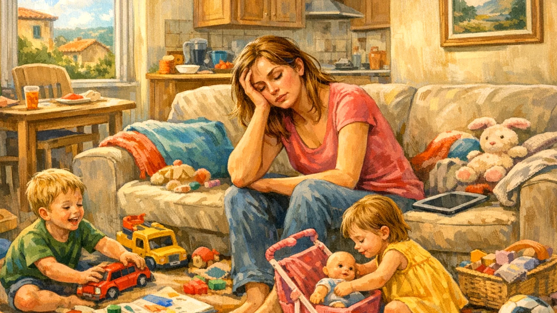 Una mamma con bambini piccoli si trova costantemente esausta e senza tempo per sé stessa, faticando a bilanciare le esigenze dei figli con quelle personali e la gestione quotidiana della casa"