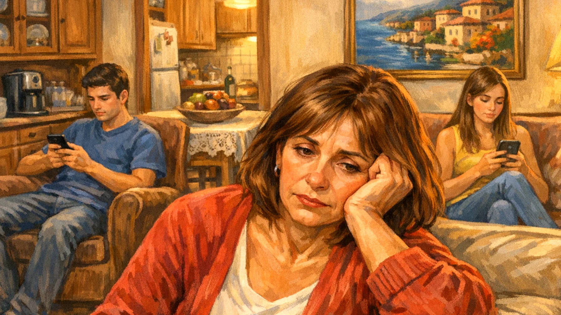 Una mamma fatica a trovare energie e momenti significativi con i propri figli giovani adulti a causa della stanchezza accumulata tra lavoro e impegni quotidiani, sentendo crescere il distacco emotivo e la mancanza di coinvolgimento nella loro vita"