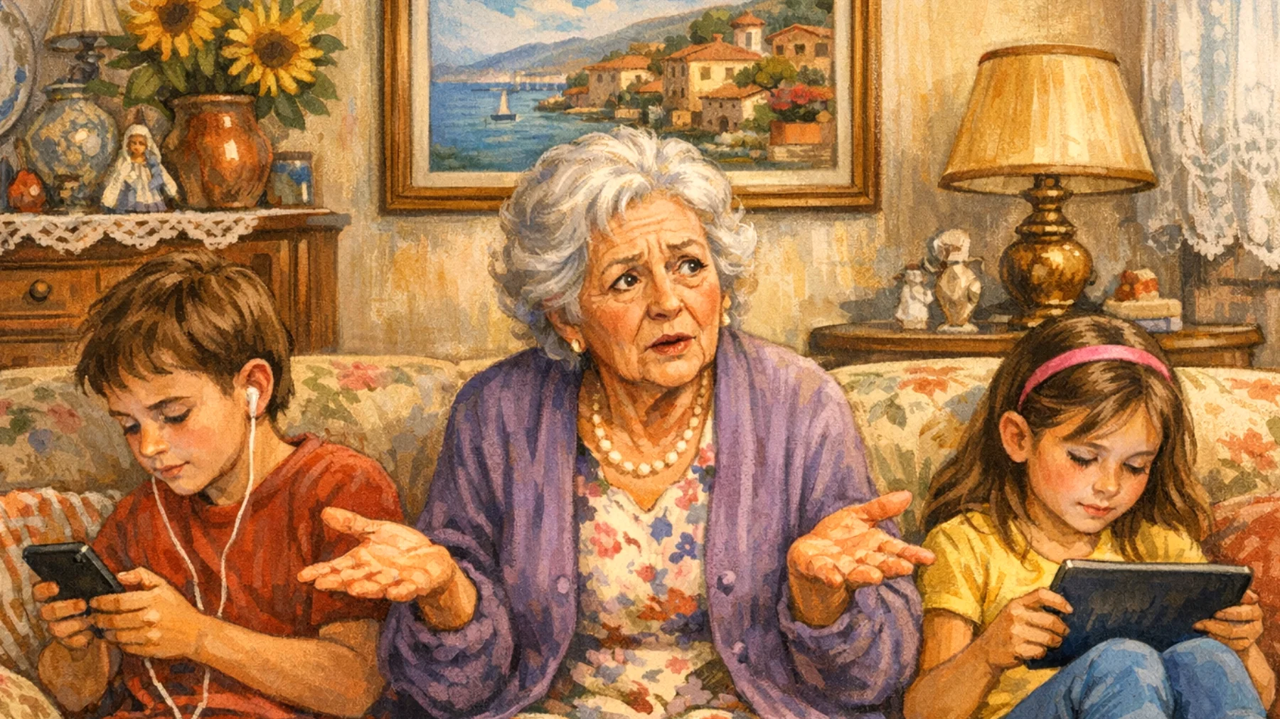 Una nonna che fatica a comunicare efficacemente con i nipoti bambini, incontrando difficoltà nel farsi capire, nel coinvolgerli nelle attività e nel creare un dialogo fluido a causa del divario generazionale e della differenza di linguaggio e interessi"