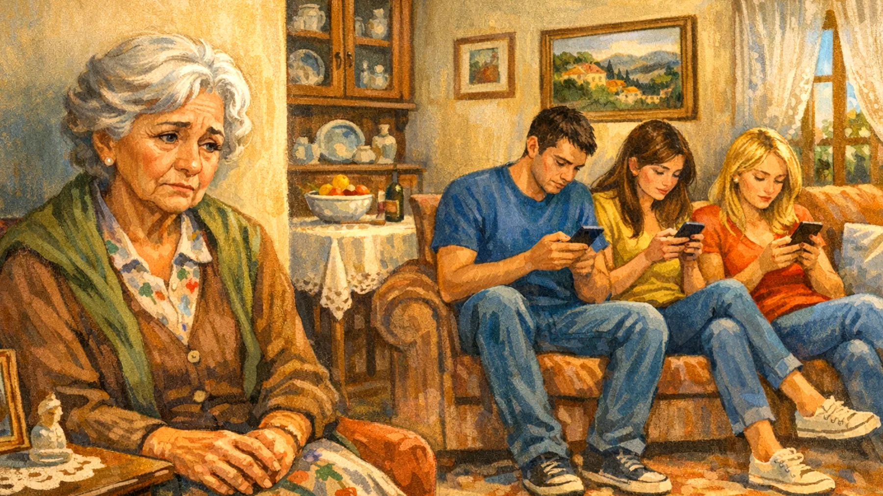 Nonna in difficoltà nel comunicare con i nipoti giovani adulti che sembrano distanti e poco interessati al dialogo, creando un senso di incomprensione e distacco affettivo"