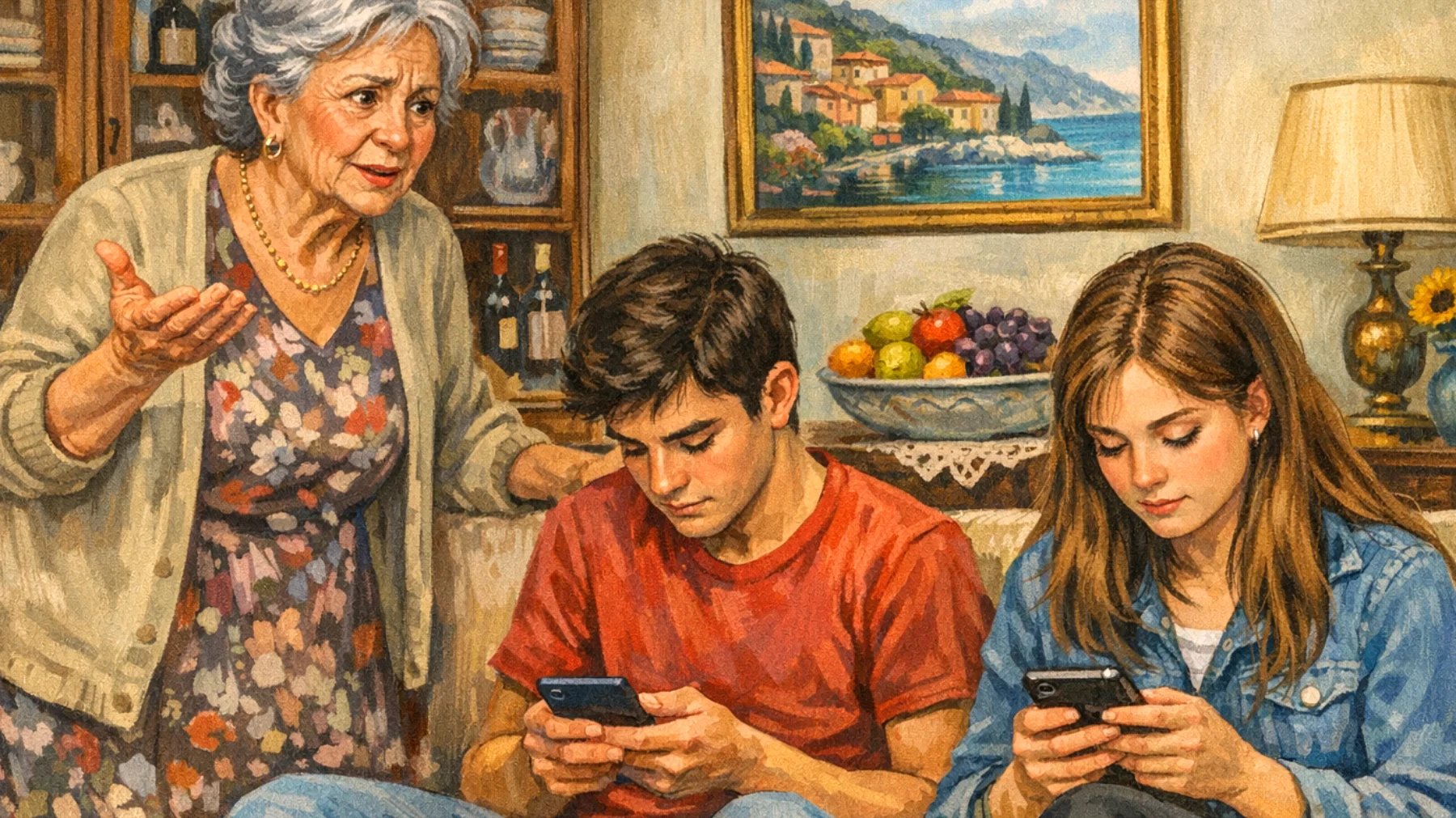 Nonna in difficoltà nel coinvolgere i nipoti adolescenti nelle attività quotidiane e domestiche, che mostrano disinteresse e preferiscono isolarsi con i dispositivi elettronici piuttosto che partecipare alla vita familiare"