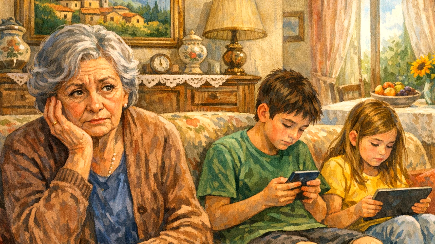 Nonna preoccupata perché i nipoti bambini trascorrono troppo tempo davanti agli schermi durante le visite, preferendo tablet e videogiochi all'interazione con lei, creando distanza emotiva e difficoltà nel costruire momenti di relazione significativi"