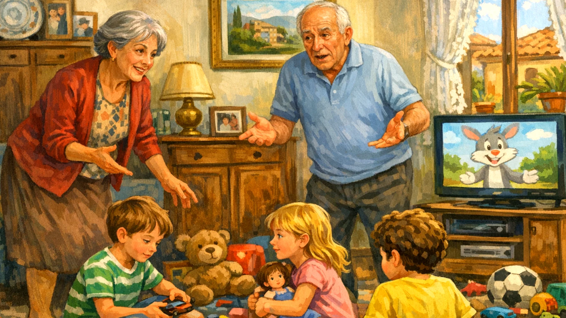 I nonni faticano a coinvolgere i nipoti bambini nelle attività quotidiane come riordinare i giochi, apparecchiare o prepararsi per uscire, sentendosi spesso ignorati o costretti a fare tutto da soli mentre i piccoli preferiscono giocare o guardare i cartoni animati"