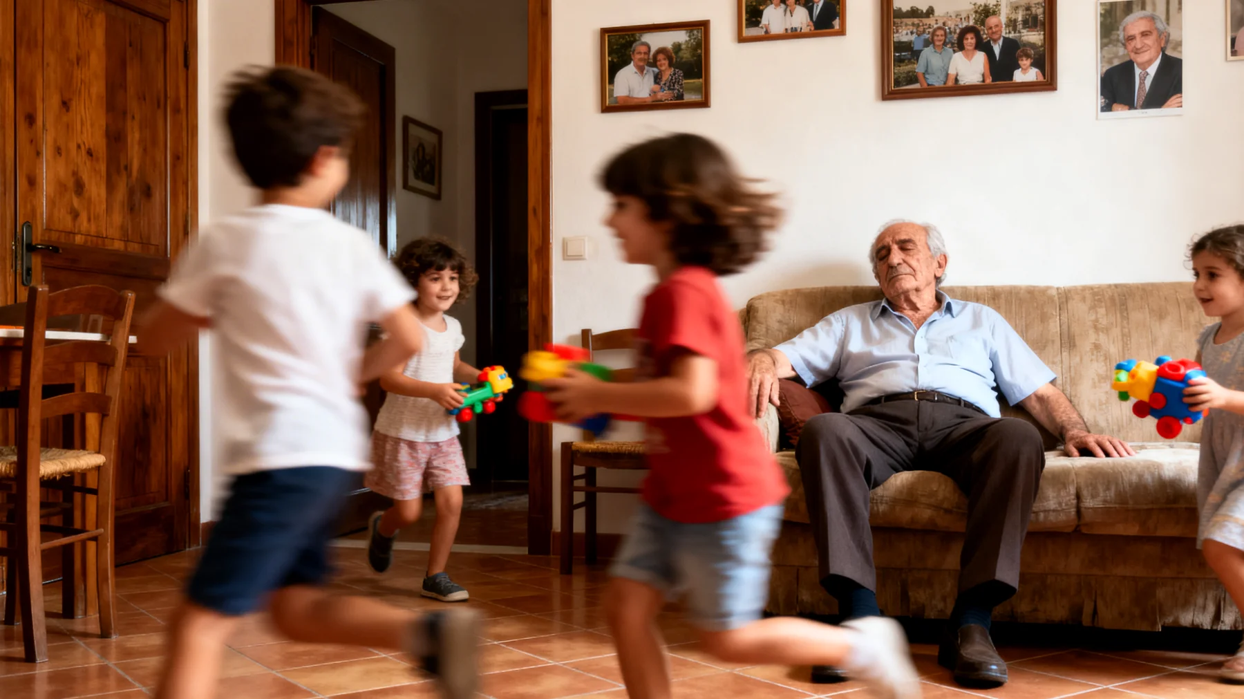 Il nonno si trova a prendersi cura dei nipoti bambini per diverse ore al giorno, ma si sente fisicamente e mentalmente esausto, faticando a tenere il ritmo con le loro energie e richieste continue, senza riuscire a ritagliarsi momenti di riposo adeguati"