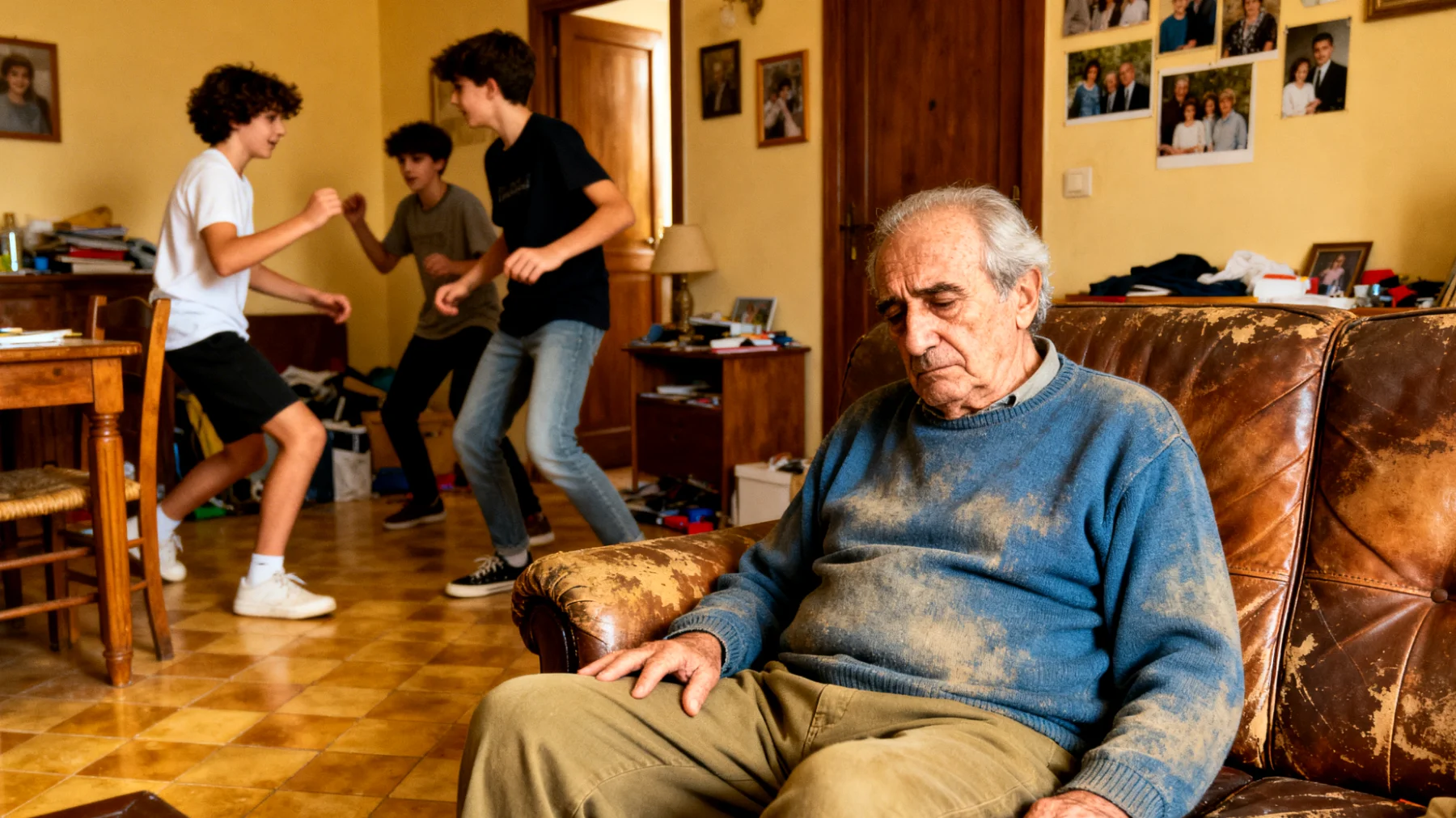 Il nonno si sente fisicamente e mentalmente esausto nel seguire nipoti adolescenti energici e impegnativi, non riuscendo più a stare al passo con i loro ritmi e necessità"