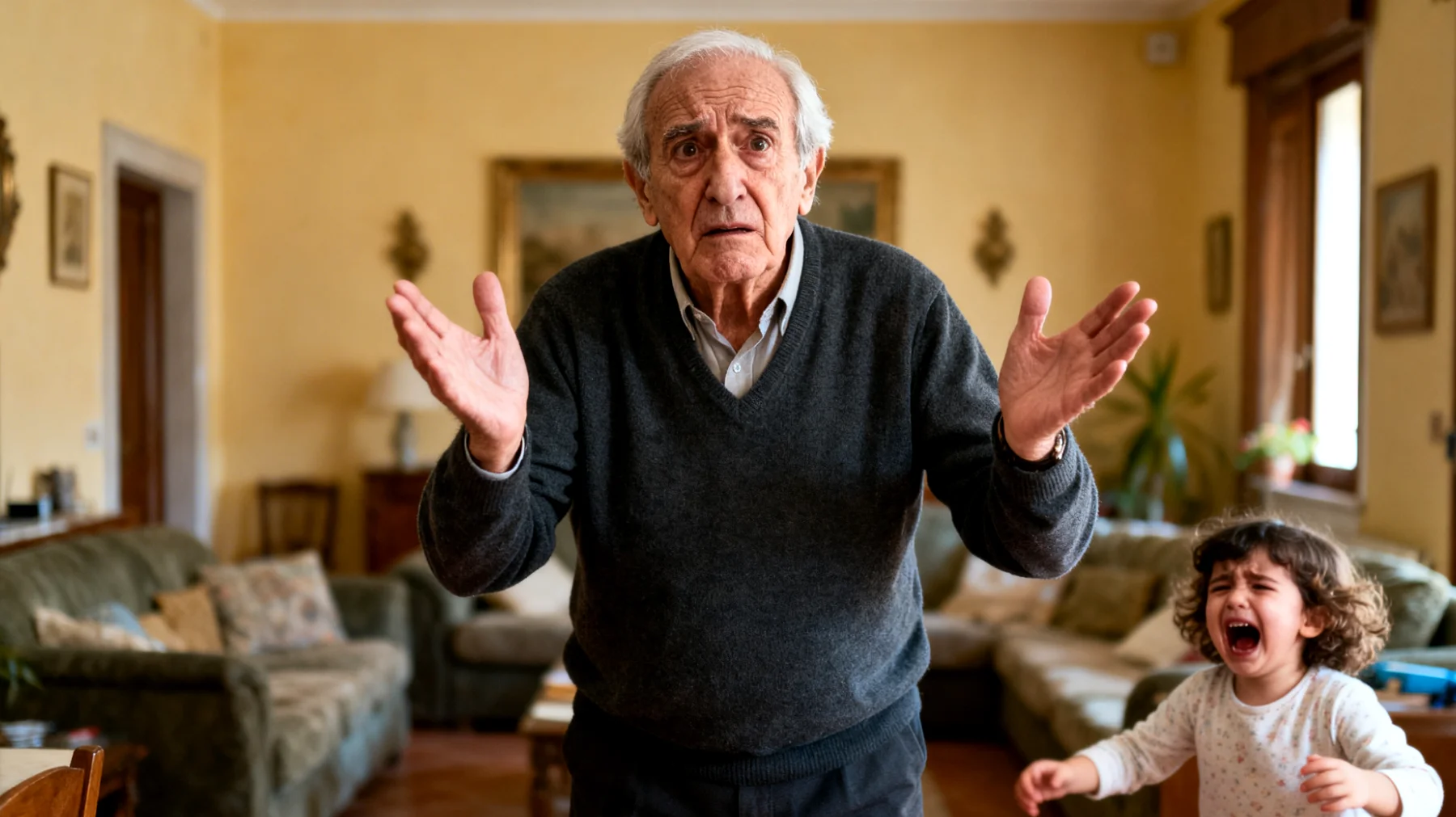 Il nonno fatica a gestire le crisi emotive dei nipoti bambini (pianto, capricci, rabbia improvvisa) durante il tempo trascorso insieme, sentendosi inadeguato e preoccupato di non riuscire a calmarli o comprenderli"