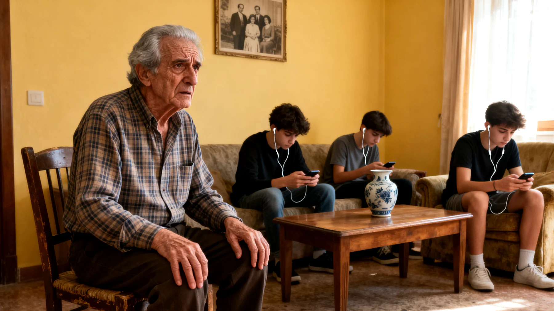 Il nonno fatica a comprendere e accettare i valori, gli interessi e le scelte di vita degli adolescenti nipoti, creando incomprensioni e distanza nel rapporto a causa delle differenze generazionali"