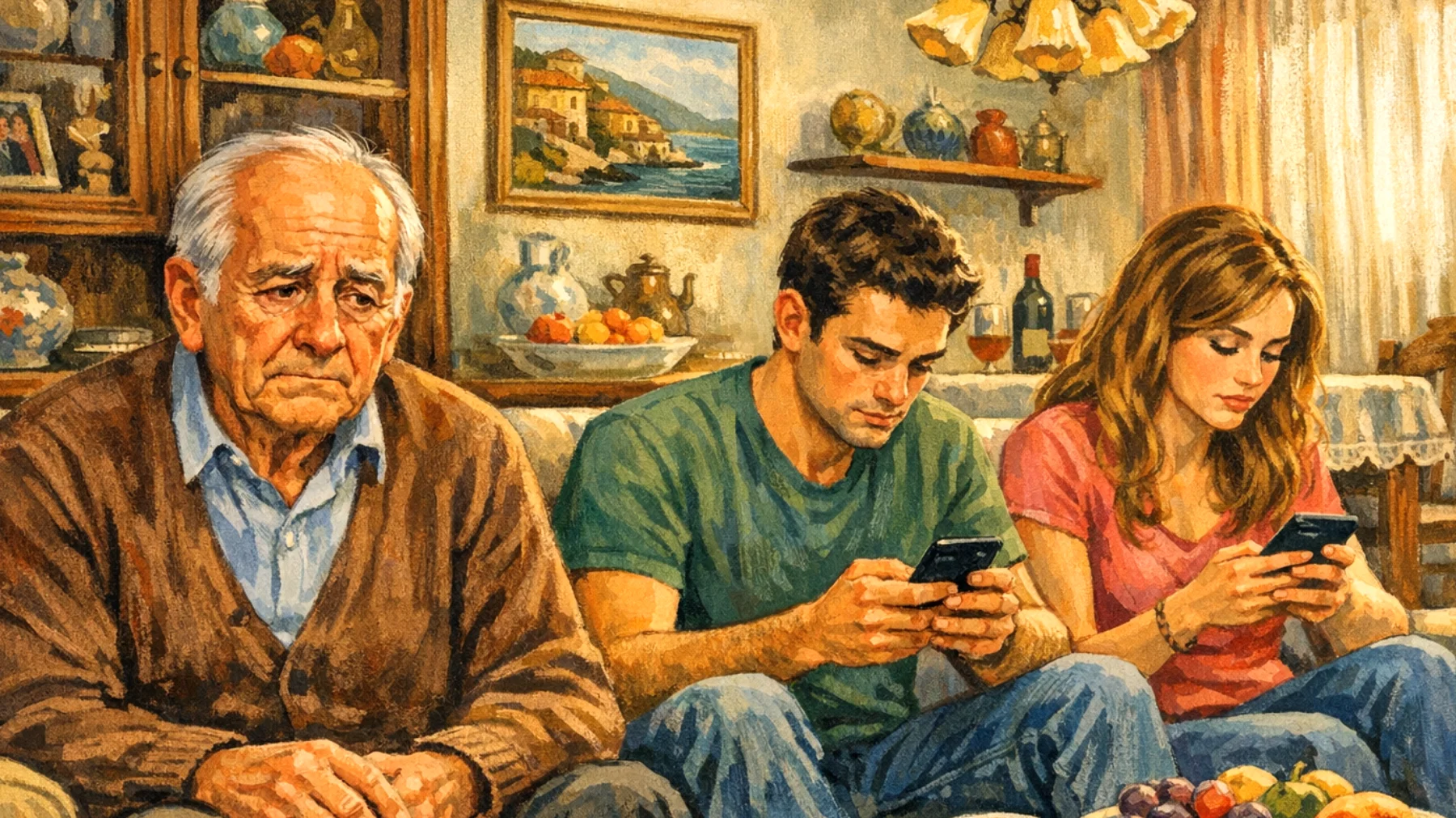 Il nonno è preoccupato per l'eccessivo uso dello smartphone da parte dei nipoti giovani adulti, che durante le visite familiari restano costantemente connessi ai social media invece di interagire con lui, creando un senso di distanza e perdita del legame affettivo intergenerazionale"