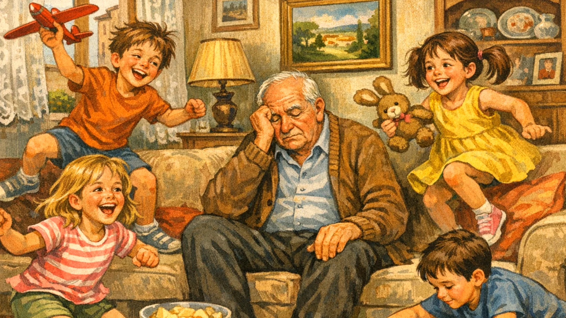 Il nonno si sente fisicamente affaticato nel prendersi cura dei nipoti bambini e fatica a trovare energie sufficienti per stare al passo con le loro esigenze di gioco e attenzione"