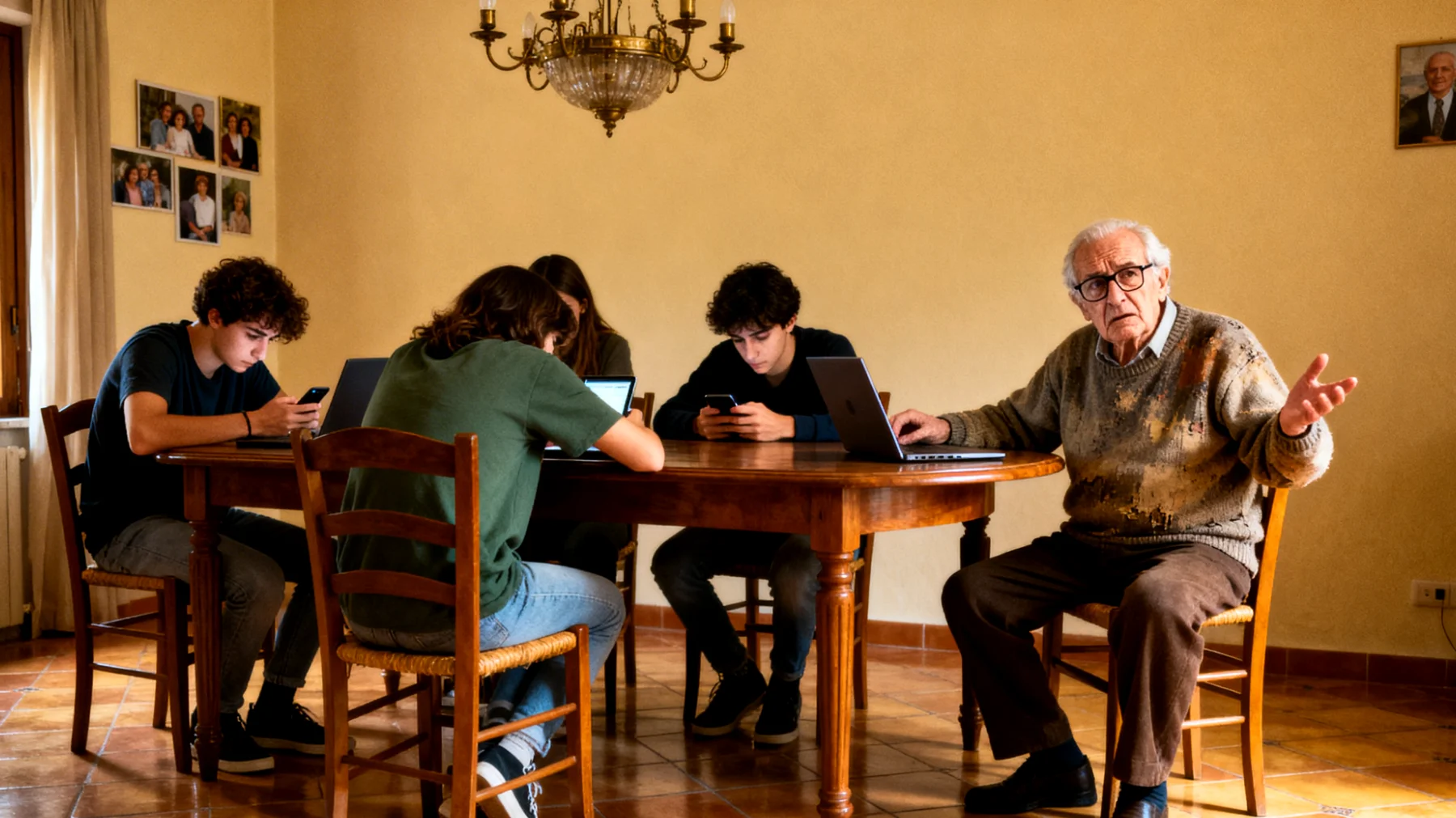 Il nonno fatica a comprendere e ad accettare le scelte di vita, i valori e le priorità dei nipoti giovani adulti, generando incomprensioni, giudizi e distanza emotiva nel rapporto."