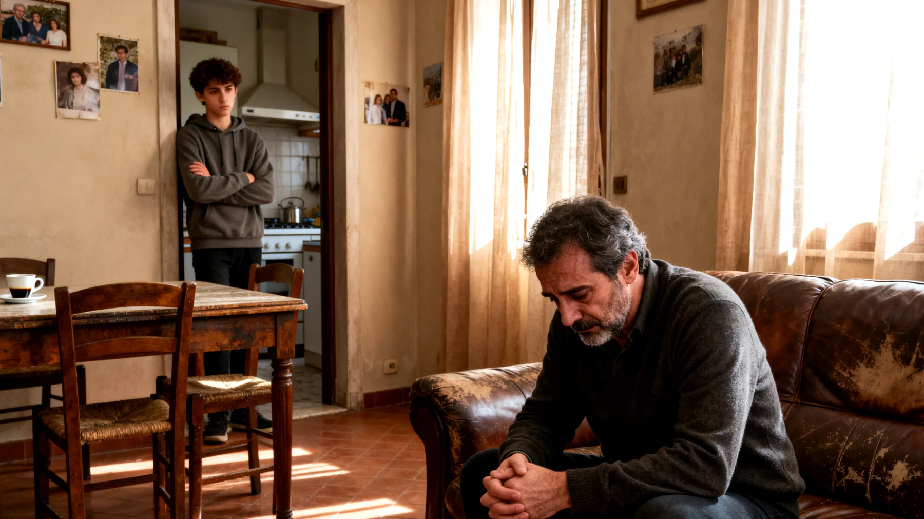 Papà che prova sensi di colpa nei confronti del figlio adolescente per non essere abbastanza presente o per errori educativi del passato"