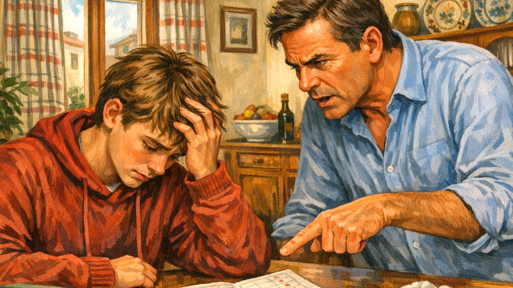 Il papà esercita pressioni eccessive sul figlio adolescente riguardo ai risultati scolastici, alle performance sportive e alle aspettative future, creando tensione nel rapporto e danneggiando l'autostima del ragazzo"