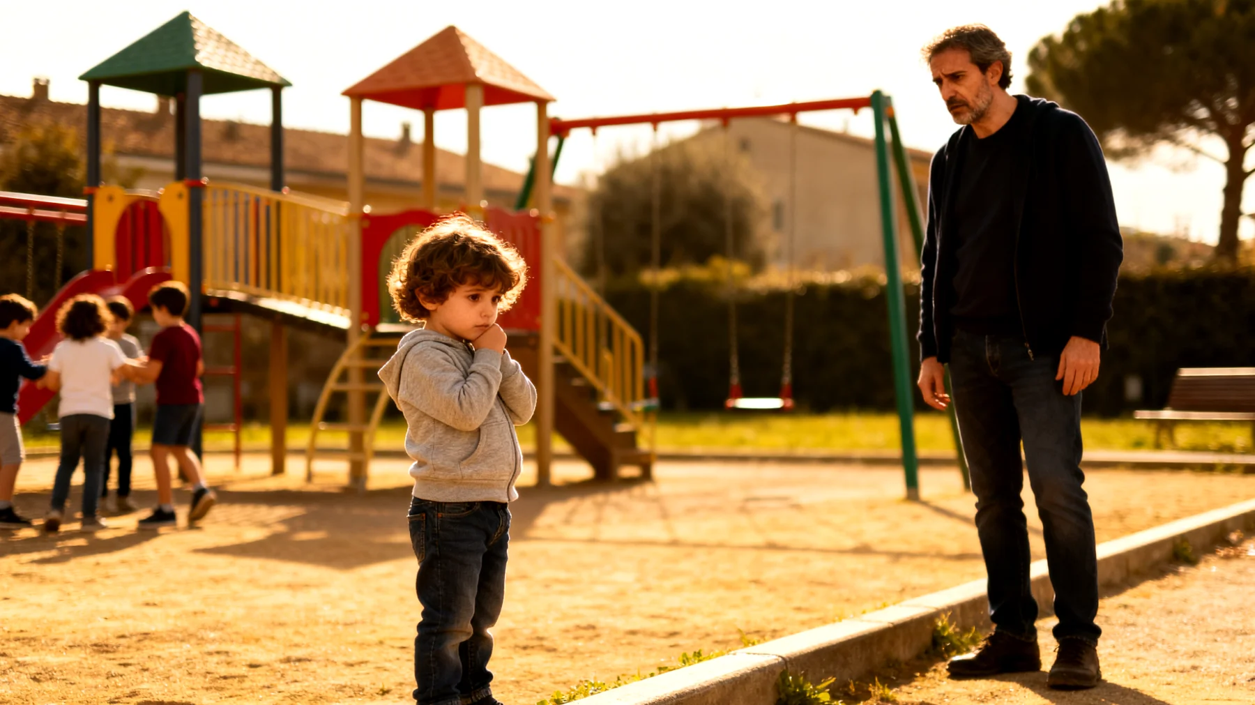 Un papà si preoccupa perché il suo bambino è molto timido, fa fatica a socializzare con i coetanei e tende a isolarsi durante le attività di gruppo all'asilo o al parco giochi"